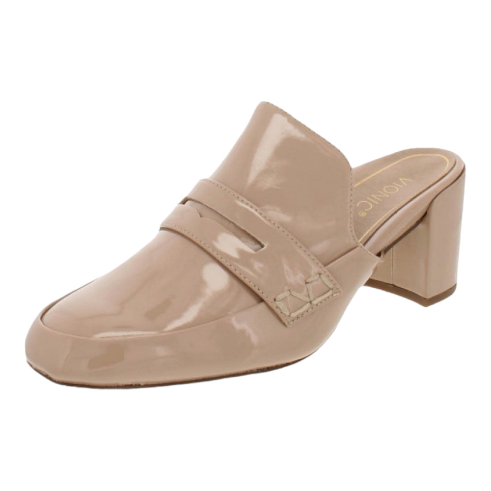 Vionic Women's Tan Patent Leather Block Heel Mules